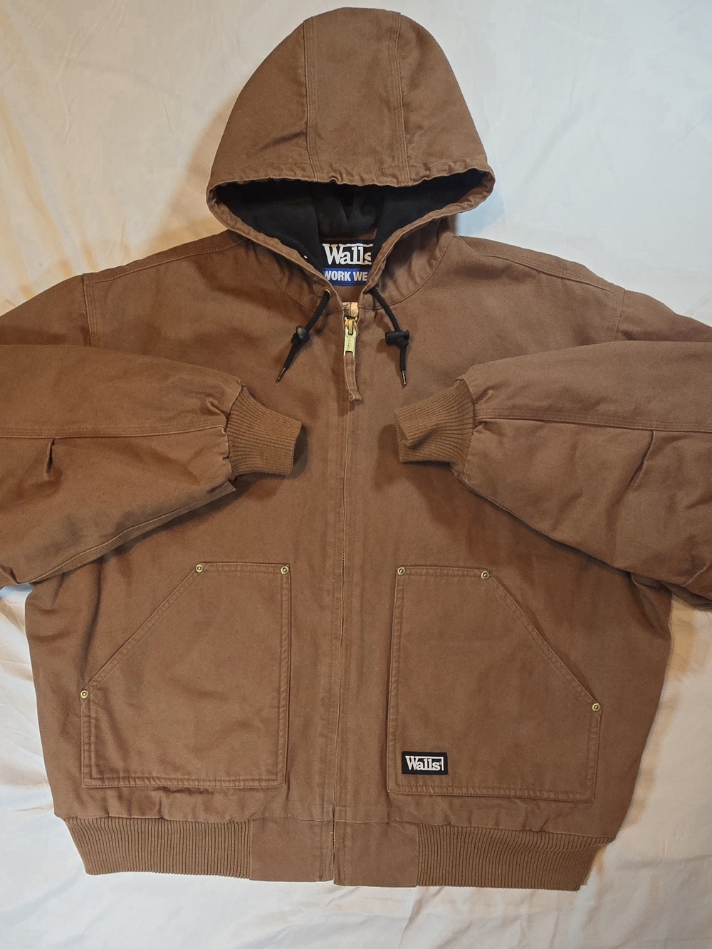Walls Workwear Jacket Mens XL Brown Duck Canvas Fleece Lined Hooded Bomber Heavy